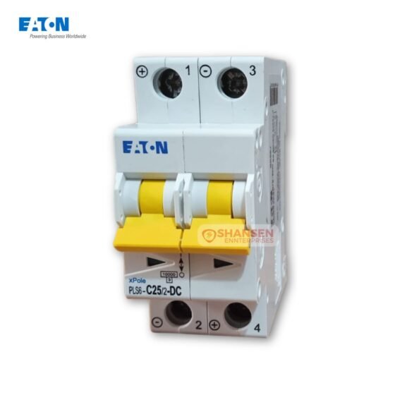 Front view of an Eaton xPole PLS6-C25/2-DC two-pole 25 A DC miniature circuit breaker with yellow toggle switches and Shansen Enterprises watermark