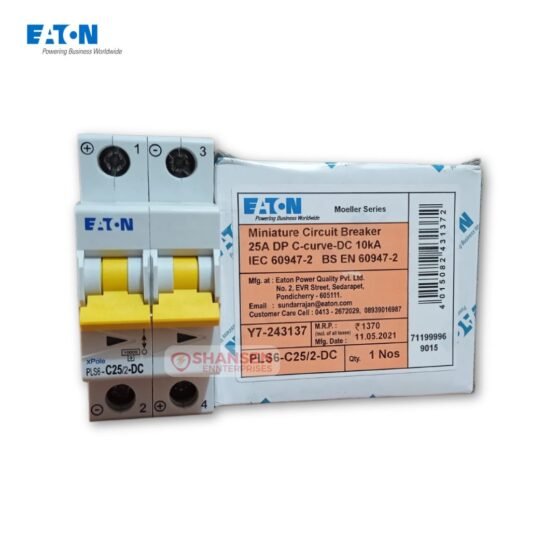 Eaton xPole PLS6-C25/2-DC two-pole 25 A DC miniature circuit breaker with yellow toggles standing next to its white packaging box showing printed specifications
