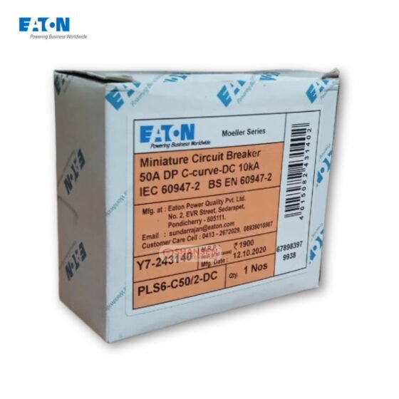 Close-up of Eaton PLS6-C50/2-DC 50A Miniature Circuit Breaker box label