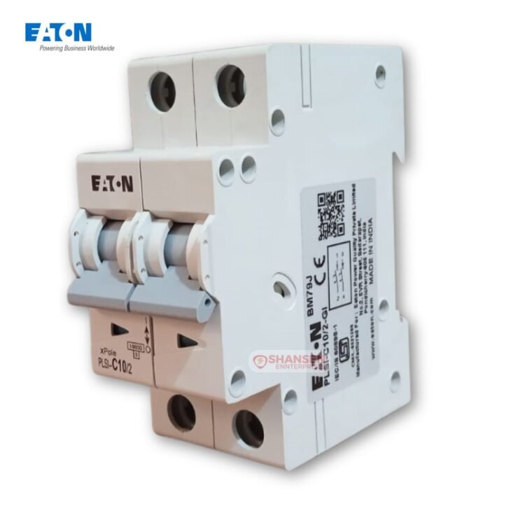 Eaton PLSI-C10/2-GI 10A 2-Pole MCB with 10kA breaking capacity – front and side view