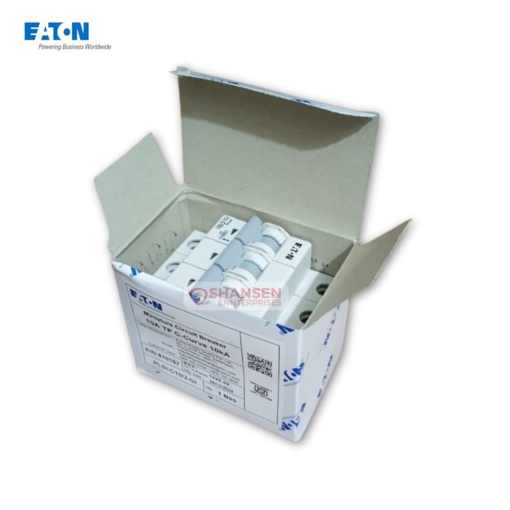 Eaton PLSI‑C10/3‑GI 10A 3-Pole Miniature Circuit Breaker inside open box packaging, supplied by Shansen Enterprises