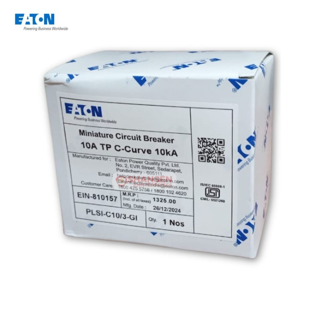 Close-up of Eaton PLSI‑C10/3‑GI 10A MCB retail box with printed specifications and certification details