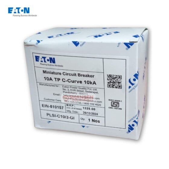Close-up of Eaton PLSI‑C10/3‑GI 10A MCB retail box with printed specifications and certification details