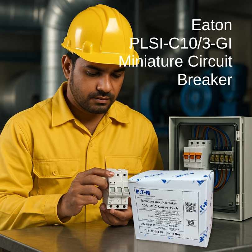 Electrical engineer with Eaton PLSI-C10/3-GI 10A MCB at a workbench beside an electrical panel and HVAC system, Shansen Enterprises