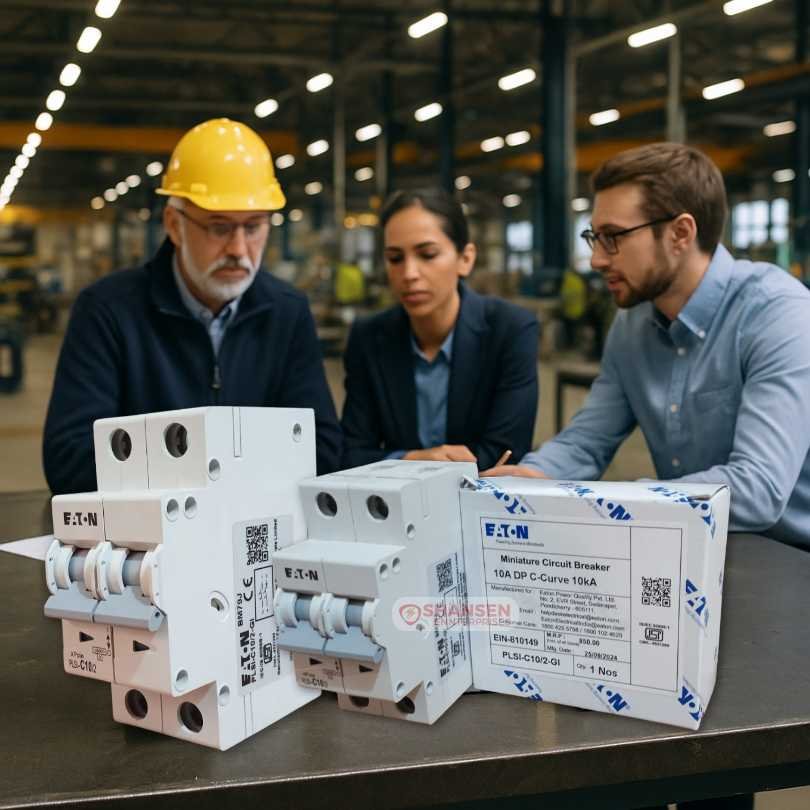 Electrical engineers discussing Eaton PLSI-C10/2-GI 10A 2-Pole MCB with boxes on table in a modern manufacturing unit