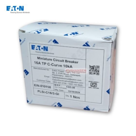 Close-up of Eaton PLSI-C16/3-GI 16 A 10 kA miniature circuit breaker carton label with ISI mark, photographed by Shansen Enterprises
