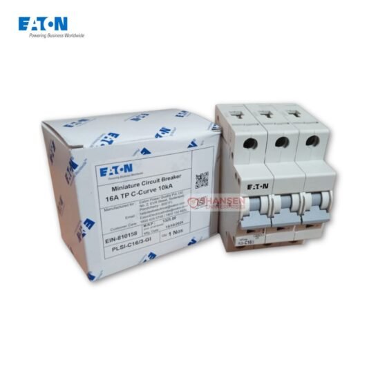 Eaton PLSI-C16/3-GI 16 A 10 kA three-pole miniature circuit breaker displayed beside its original Eaton box, photographed for Shansen Enterprises
