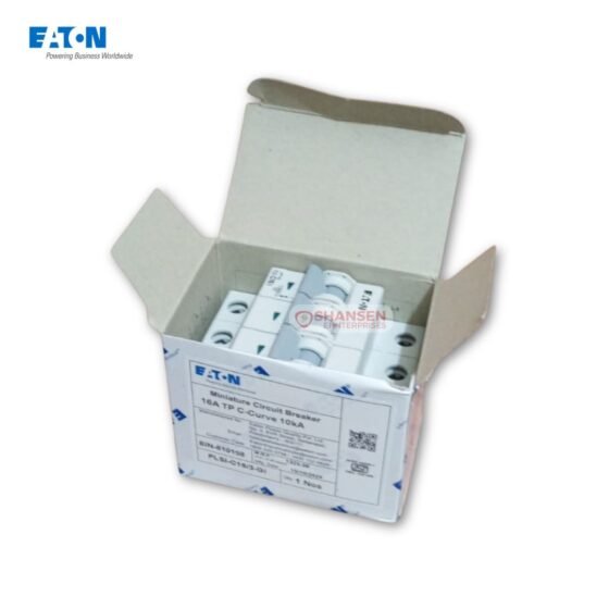 Open carton containing Eaton PLSI-C16/3-GI 16 A 3-pole 10 kA miniature circuit breaker with product label, supplied by Shansen Enterprises