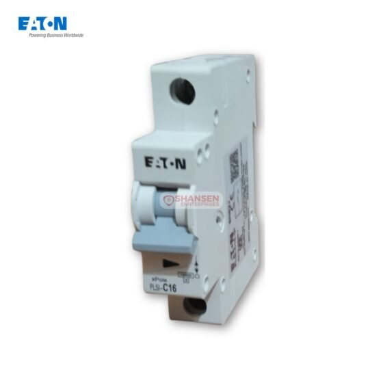 Eaton PLSI-C16 GI single-pole 16 A C-curve miniature circuit breaker showing grey toggle lever and Eaton logo
