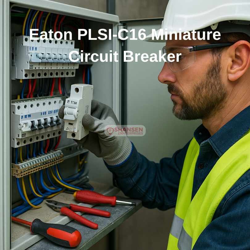 Electrical engineer in a hard hat and high-visibility vest installing an Eaton PLSI-C16 GI 16 A C-curve miniature circuit breaker onto a DIN rail inside an open control panel