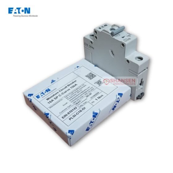 Eaton PLSI-C16 GI 16 A Type C miniature circuit breaker resting on its Eaton-branded packaging box