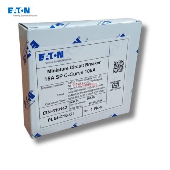 Front view of the Eaton PLSI-C16 GI miniature circuit breaker packaging box displaying product specifications and part number