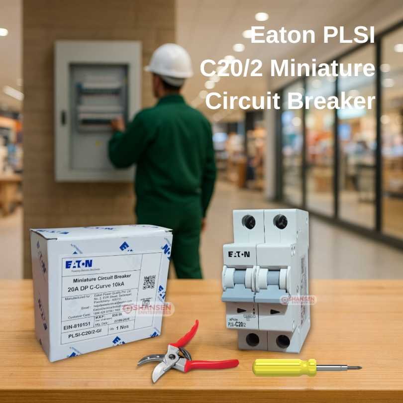 Electrical engineer in a green uniform and white safety helmet inspects a distribution panel in a brightly lit retail outlet, with an Eaton PLSI C20/2 20 A miniature circuit breaker, its packaging, and hand tools arranged on a wooden workbench