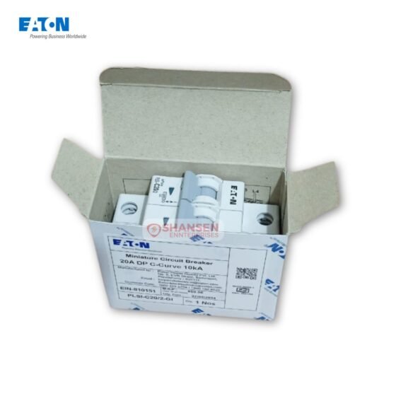 Eaton PLSI C20/2 20 A 2-pole miniature circuit breaker nestled in an opened Eaton-branded box