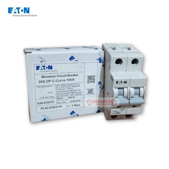 Eaton PLSI C20/2 20 A 2-pole miniature circuit breaker next to its branded packaging box