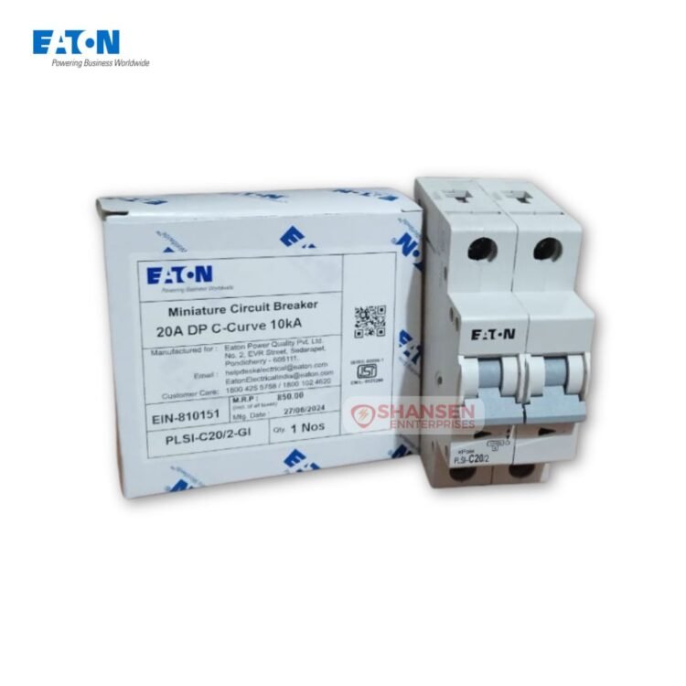 Eaton PLSI C20/2 20 A 2-pole miniature circuit breaker next to its branded packaging box
