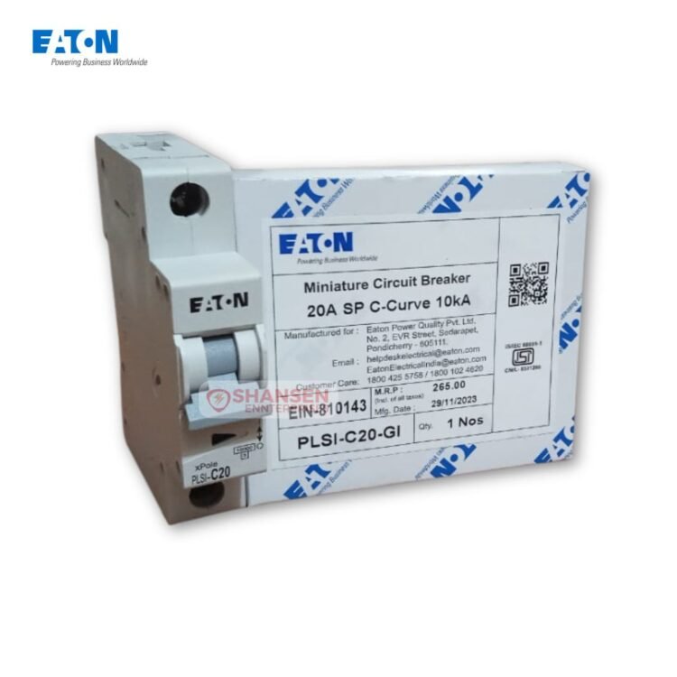 Eaton PLSI C20-GI 20A MCB with retail packaging showing specs and manufacturer details