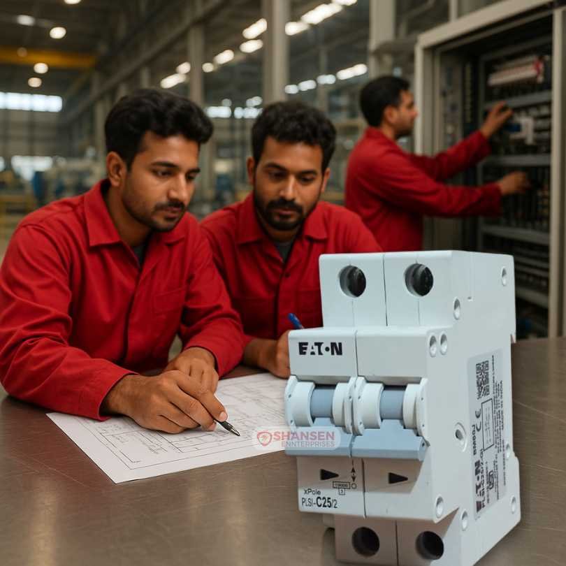 Electrical engineers in red uniforms reviewing diagrams with Eaton PLSI-C25/2-GI MCB on a workbench in a factory