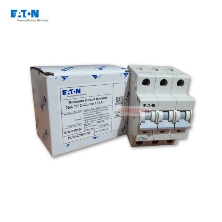 Eaton PLSI-C25/3-GI triple-pole 25 A C-curve miniature circuit breaker beside its Eaton-branded box, watermark of Shansen Enterprises