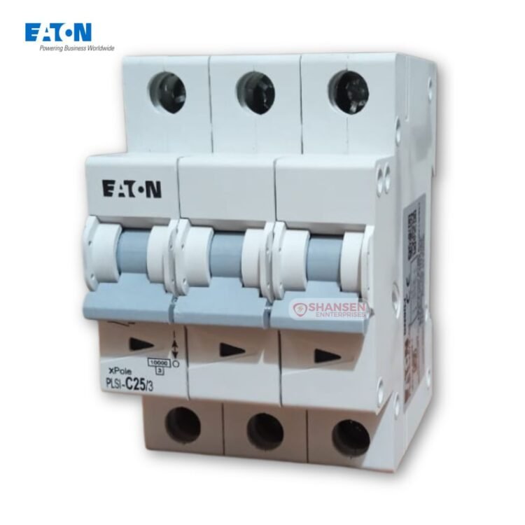 Eaton PLSI-C25/3-GI triple-pole 25 A C-curve miniature circuit breaker with Shansen Enterprises watermark on a white background