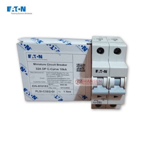 Eaton PLSI-C32/2-GI 32A 2-Pole Miniature Circuit Breaker with labeled box showing product specifications and MRP