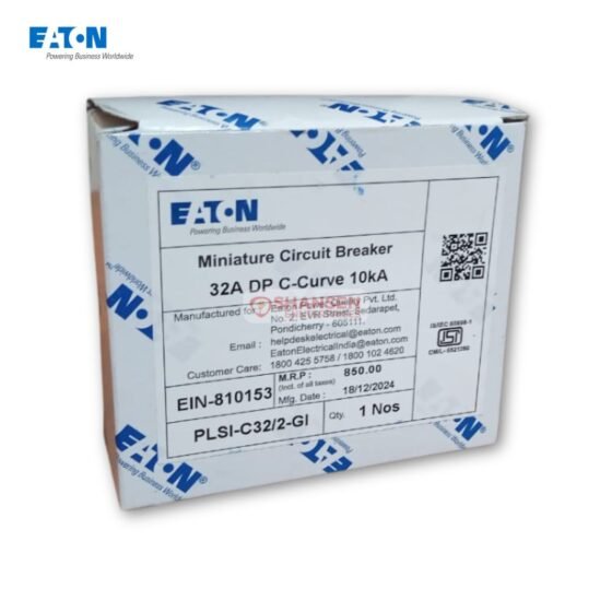 Box label of Eaton PLSI-C32/2-GI 32A 2-Pole C-Curve MCB with 10kA capacity, manufactured in India, distributed by Shansen Enterprises