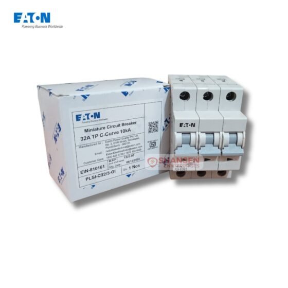 Eaton PLSI C32/3 32A 3-Pole Type C MCB with product packaging, distributed by Shansen Enterprises