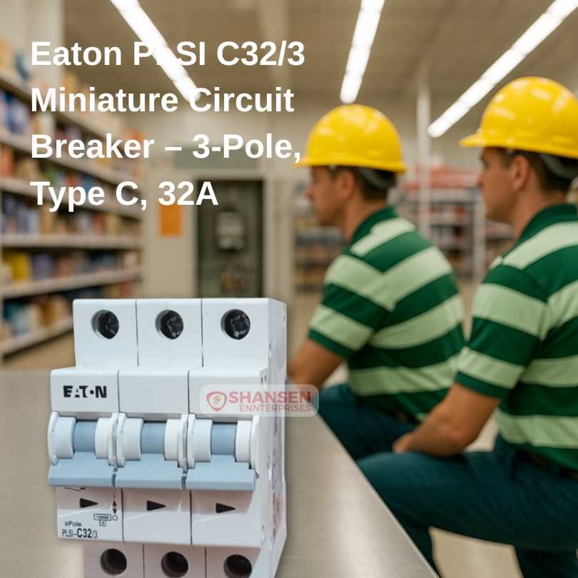 Eaton PLSI C32/3 3-pole 32A MCB on workbench with two electricians in striped uniforms and helmets viewing a panel