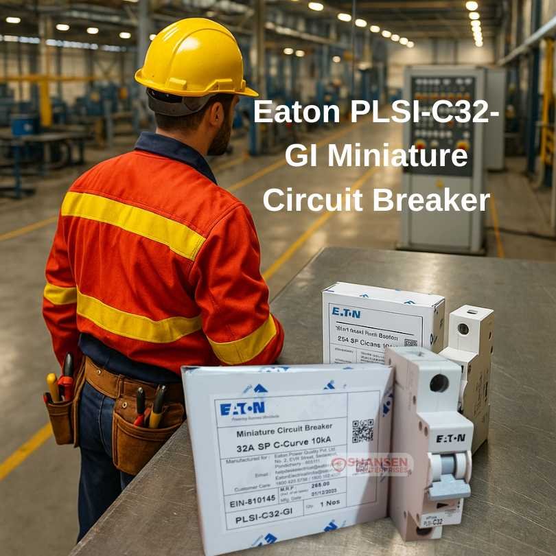 Electrical engineer in red and yellow striped uniform and safety helmet inspects Eaton PLSI-C32-GI miniature circuit breakers on a steel bench in a brightly lit factory