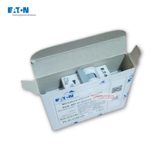 Eaton PLSI-C32-GI 32A C-curve miniature circuit breaker in its open retail packaging box