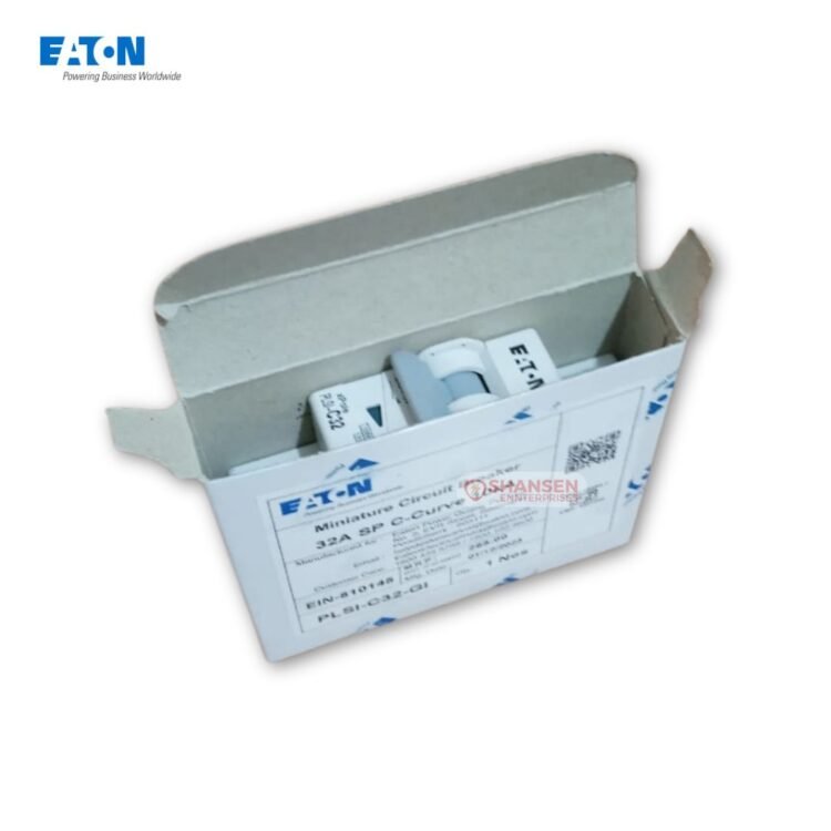 Eaton PLSI-C32-GI 32A C-curve miniature circuit breaker in its open retail packaging box