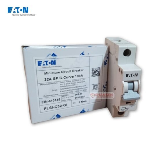 Eaton PLSI-C32-GI 32A C-curve miniature circuit breaker standing next to its Eaton-branded retail box with model and part number label