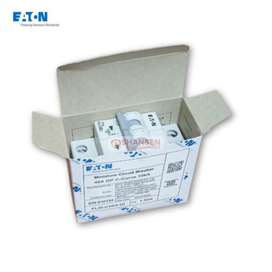 Eaton PLSI-C40/2-GI 40A double pole MCB shown inside open branded box packaging