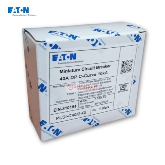 Eaton PLSI-C40/2-GI 40A MCB original box label with product specifications and ISI certification