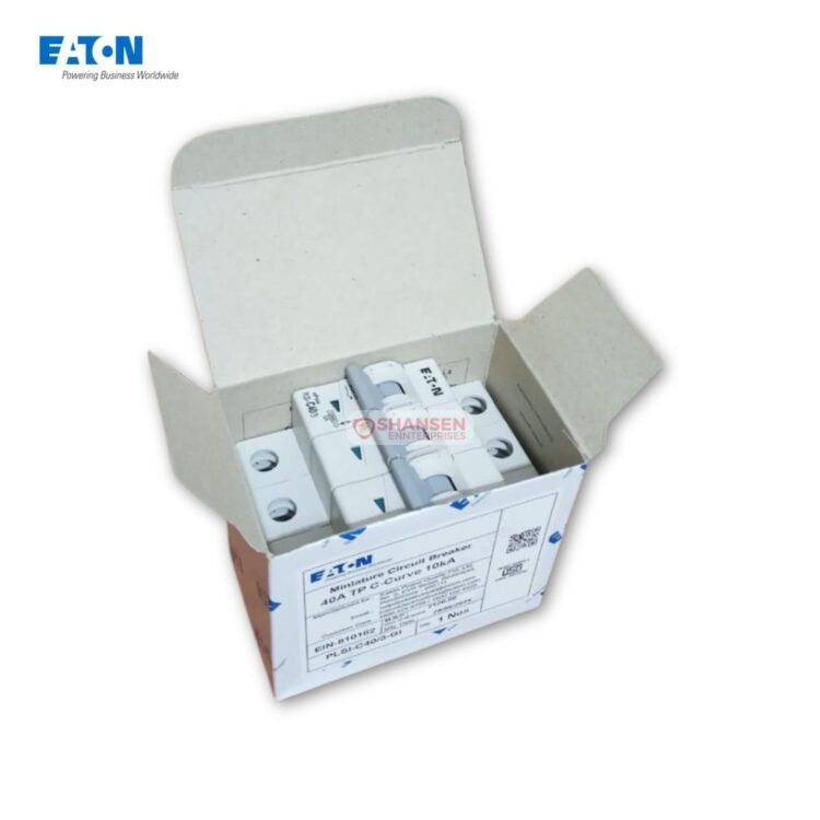 Top-down view of the Eaton PLSI-C40/3-GI 40 A three-pole C-curve miniature circuit breaker nestled in its open packaging box