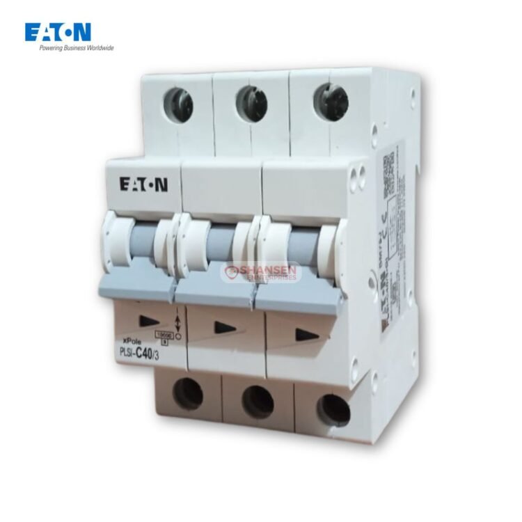 Eaton PLSI-C40/3-GI 40 A three-pole C-curve miniature circuit breaker mounted on a DIN rail with Shansen Enterprises watermark
