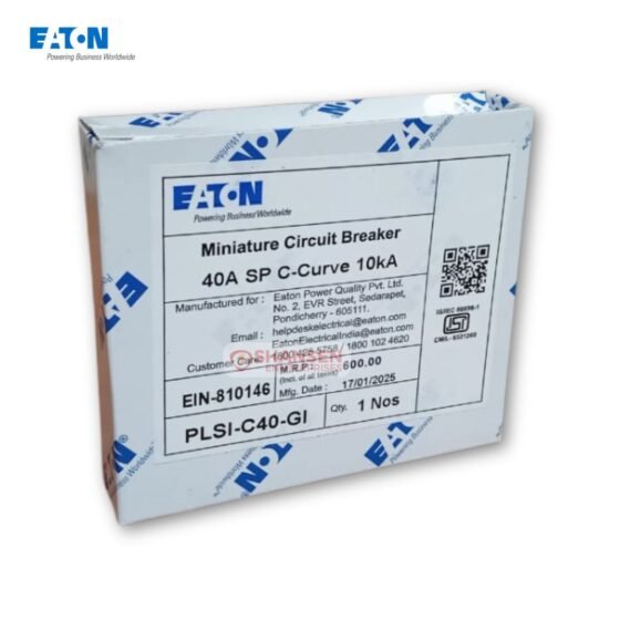 Eaton PLSI C40-GI MCB retail box showing 40A C-curve and 10kA specification details