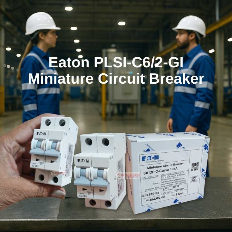 Hand holding an Eaton PLSI-C6/2-GI 6 A double-pole C-curve miniature circuit breaker on a steel bench, with two electrical engineers in blue-and-white striped uniforms and white helmets facing each other in a brightly lit factory background