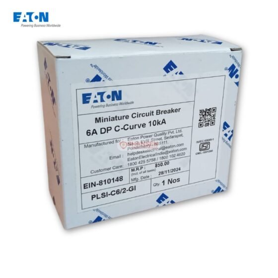 Eaton PLSI-C6/2-GI 6 A DP C-Curve miniature circuit breaker packaging box with label showing model, part number, MRP and certification marks