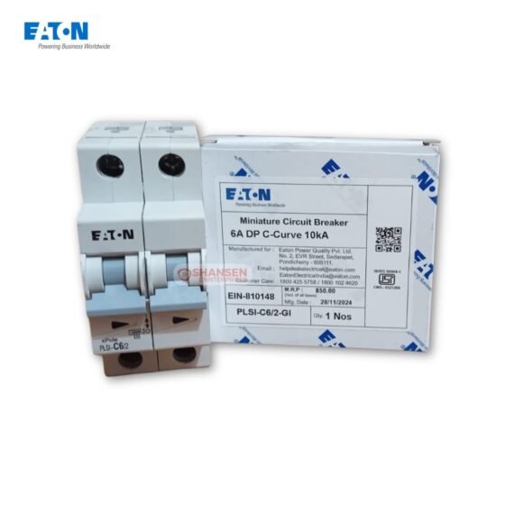 Eaton PLSI-C6/2-GI 6A double-pole C-curve miniature circuit breaker next to its labeled packaging box