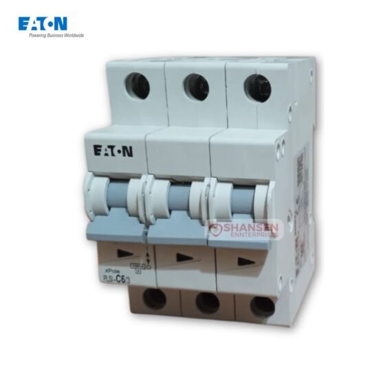 Eaton PLSI-C6/3-GI three-pole 6 A C-curve miniature circuit breaker with grey toggle handles in IP20 fire-retardant housing