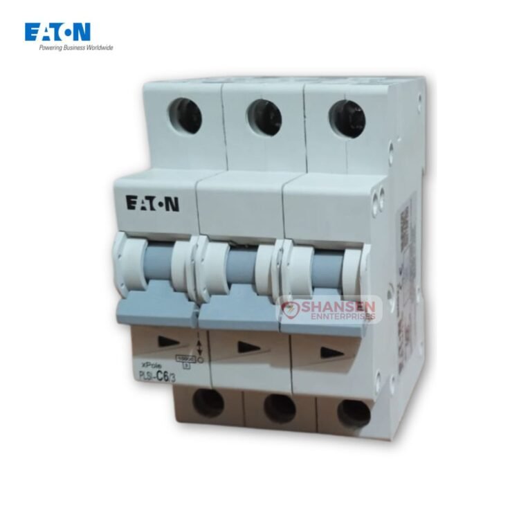 Eaton PLSI-C6/3-GI three-pole 6 A C-curve miniature circuit breaker with grey toggle handles in IP20 fire-retardant housing