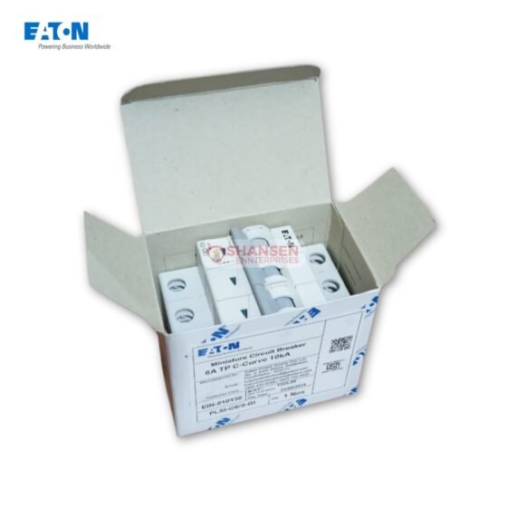 Eaton PLSI-C6/3-GI three-pole 6 A C-curve miniature circuit breaker nestled inside its branded cardboard packaging