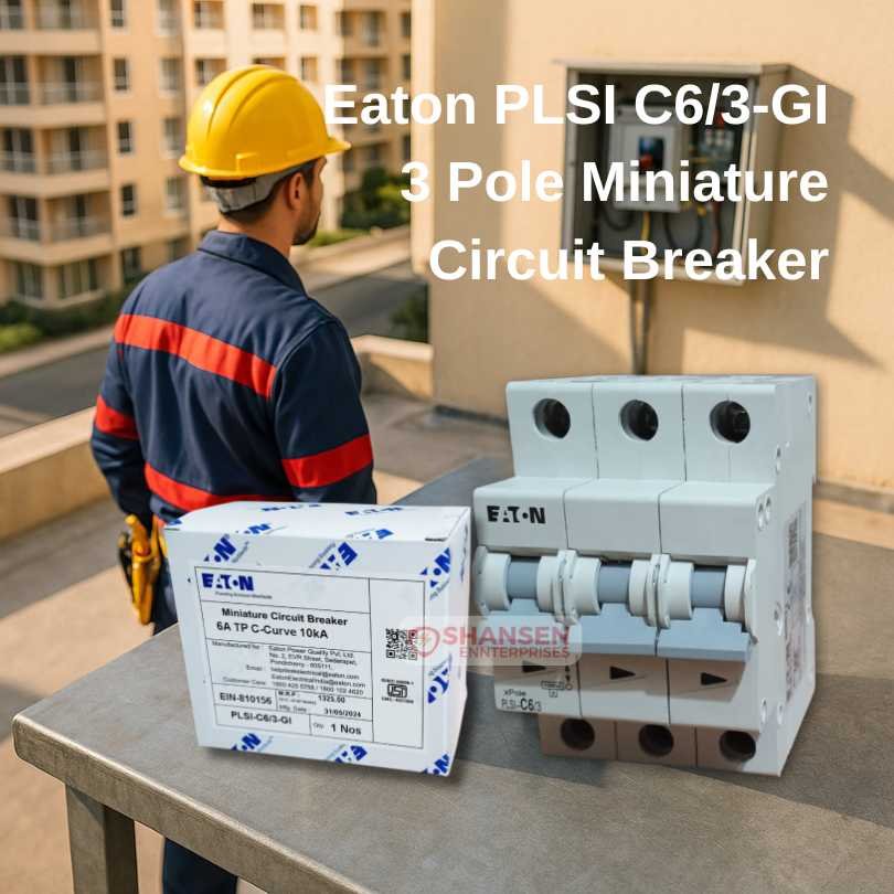 Electrical engineer in red-and-blue striped uniform and yellow helmet inspects an open panel on a residential rooftop, with an Eaton PLSI-C6/3-GI three-pole 6 A C-curve miniature circuit breaker and its packaging displayed on a steel bench in the foreground