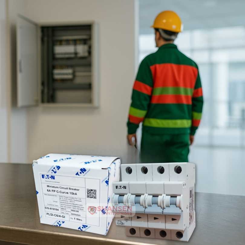Eaton PLSI-C6/4-GI 4-pole 6A MCB with packaging on steel workbench, engineer in safety uniform observing panel in modern office