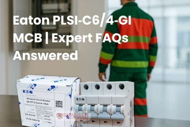 Eaton PLSI-C6/4-GI 4-pole 6A MCB with expert FAQs answered text overlay, engineer in background