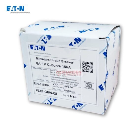 Retail packaging of Eaton PLSI-C6/4-GI 6A 4-pole MCB with detailed product labeling and certification info