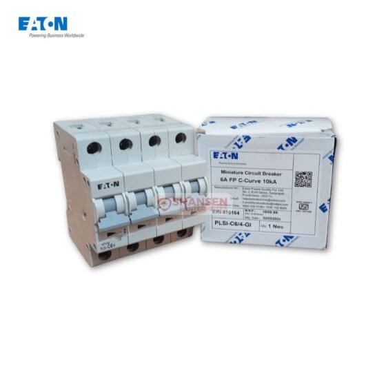 Eaton PLSI-C6/4-GI 4-pole 6A miniature circuit breaker with retail packaging and product details visible