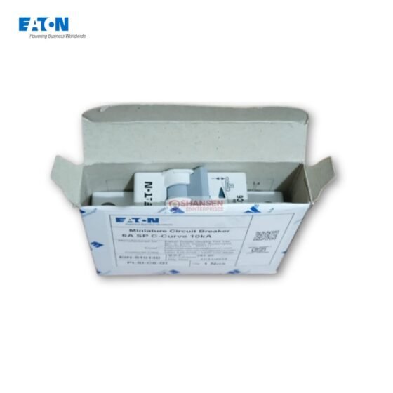 Top view of Eaton PLSI-C6-GI 6A Miniature Circuit Breaker inside original packaging with Shansen Enterprises watermark
