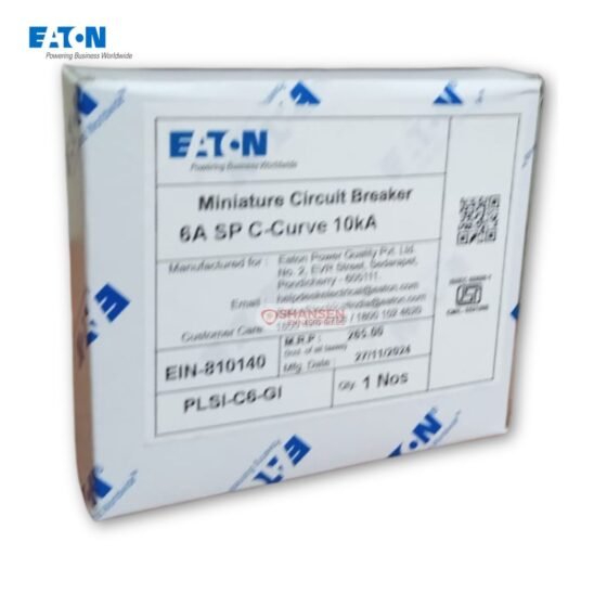 Retail packaging of Eaton PLSI-C6-GI 6A C-Curve Miniature Circuit Breaker with label details and Shansen Enterprises watermark